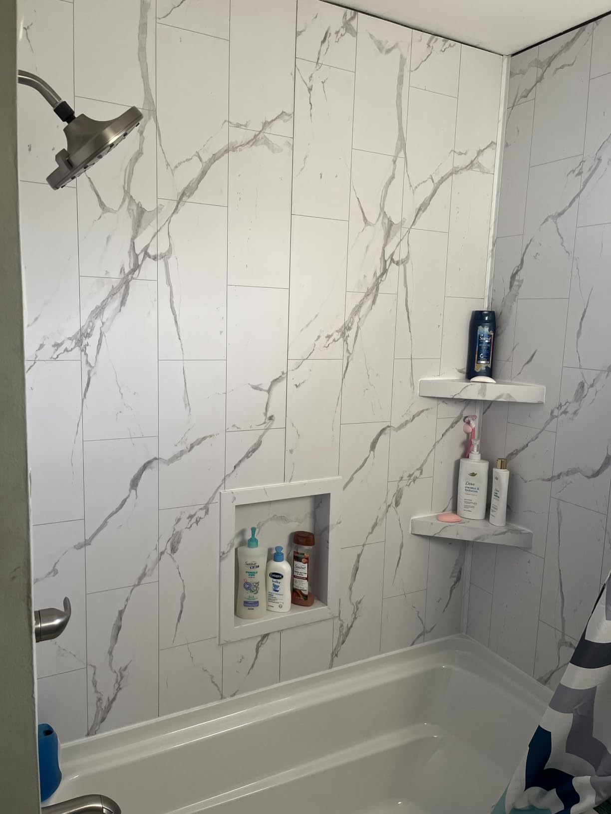 Palisade Vinyl Shower Surround Kit 78in x 60in x 32in, Urban Quarry | Waterproof PVC wall panels, grout-free design, coordinating trim, shelves, adhesive and sealant included customer photo 2