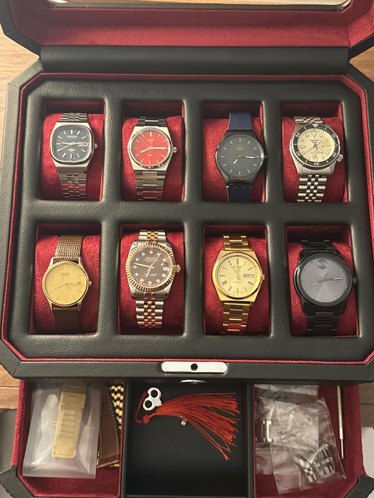 ROTHWELL 8 Slot Leather Watch Box with Valet Drawer - Luxury Case Display Jewelry Organizer, Locking Display Case Holder, Real Glass Top - Watch Box Organizer for Men & Women (Black/Red) customer photo 1