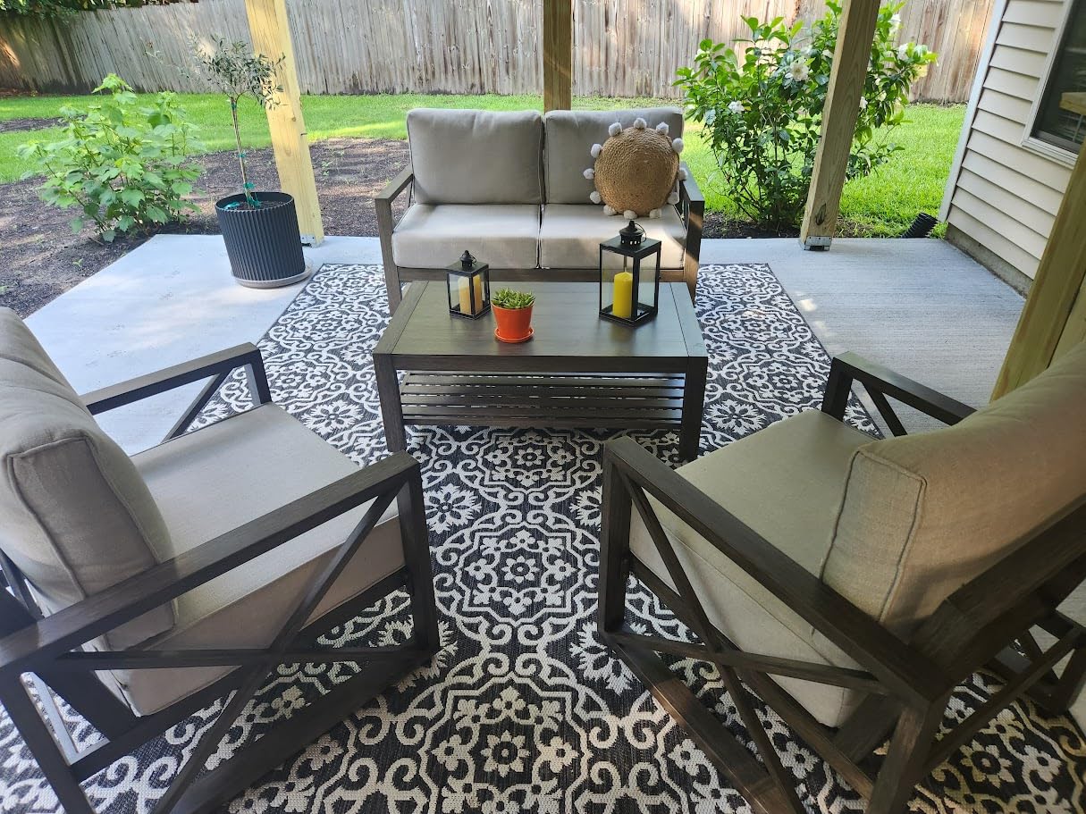 UDPATIO Aluminum Outdoor Patio Furniture Set Faux Wood Grain 5 Pcs Beige | Faux Wood Grain Modern Outdoor Furniture, 6