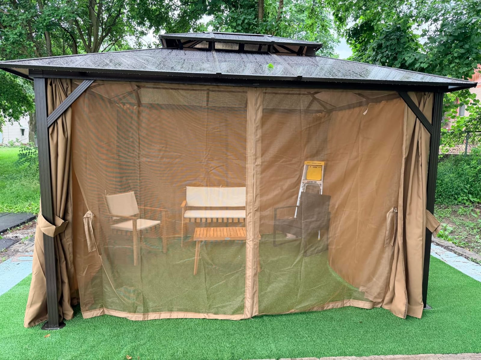 Aoxun 12'x10' Hardtop Gazebo with Polycarbonate Double Roof, Brown | Metal Frame Outdoor Permanent Pavilion with Breathable Netting and Privacy Curtain for Garden, Lawns, Patio customer photo 1