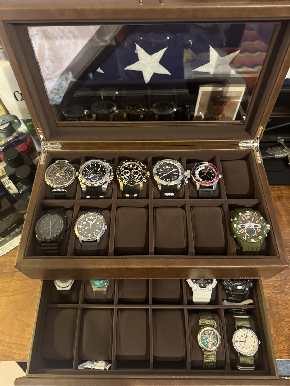 TAWBURY Watch Box for Men - Extra Large 24 Slot Watch Case with Real Glass Display, Removable Drawer and 2-inch Wide Pillows for Large Watches (Black/Charcoal) customer photo 1