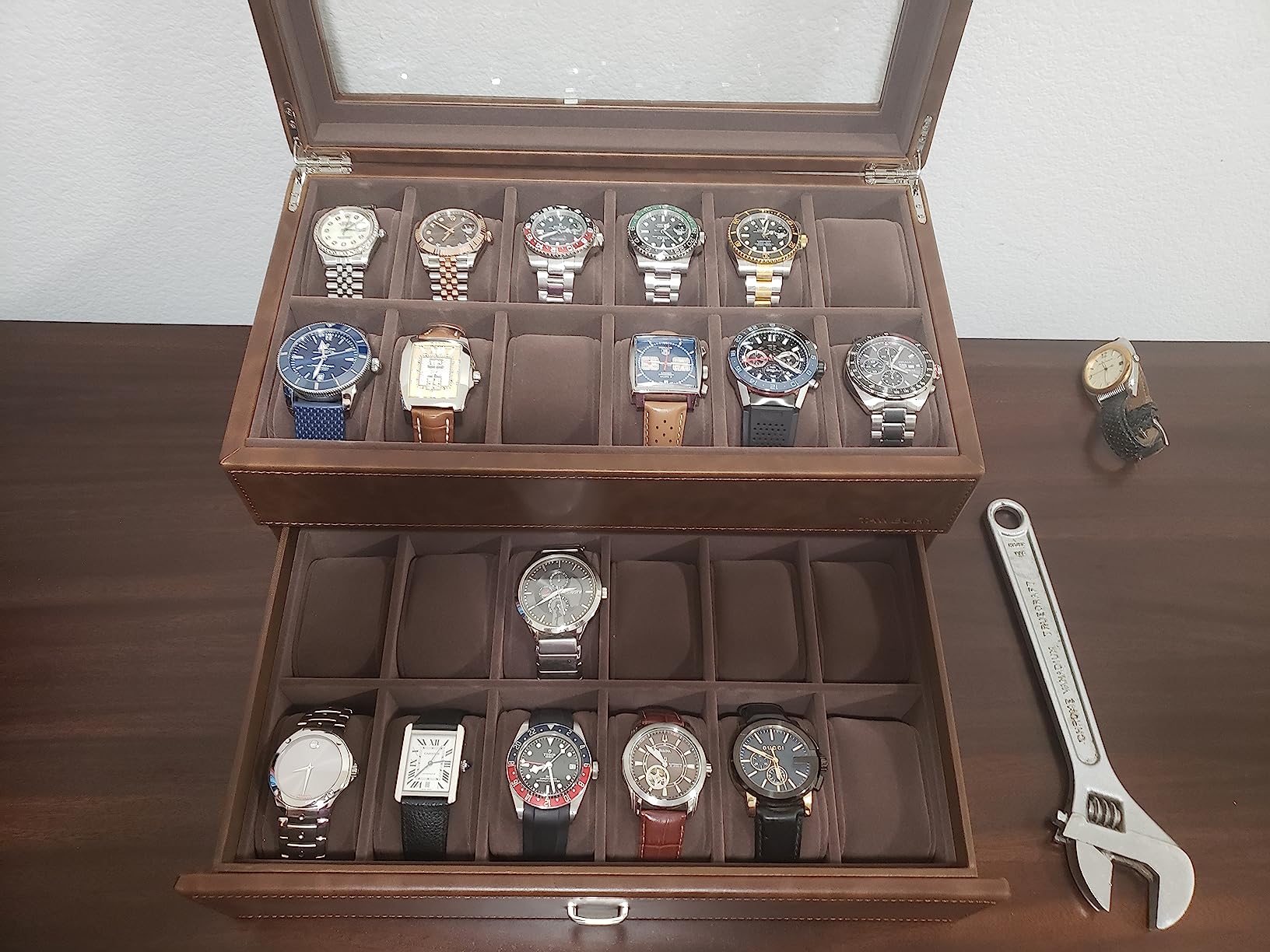 TAWBURY Watch Box for Men - Extra Large 24 Slot Watch Case with Real Glass Display, Removable Drawer and 2-inch Wide Pillows for Large Watches (Black/Charcoal) customer photo 2