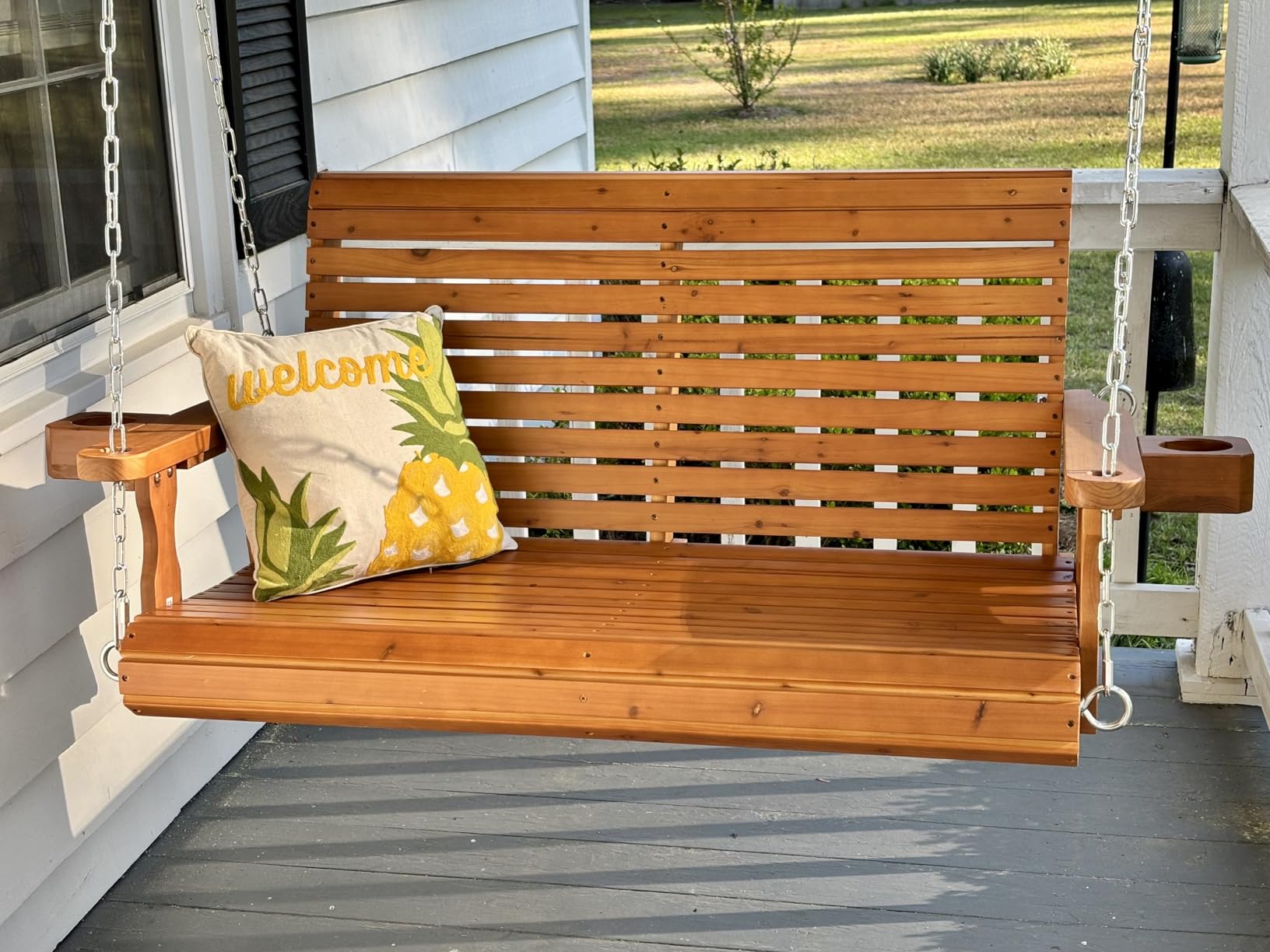 Wooden Porch Swing 2-Seater, High Backrest and Deep Seat, Bench Swing with Cupholders, Hanging Chains and 7mm Springs, Heavy Duty 880 LBS (Cedar Tone - 4 FT Extra Large) customer photo 1