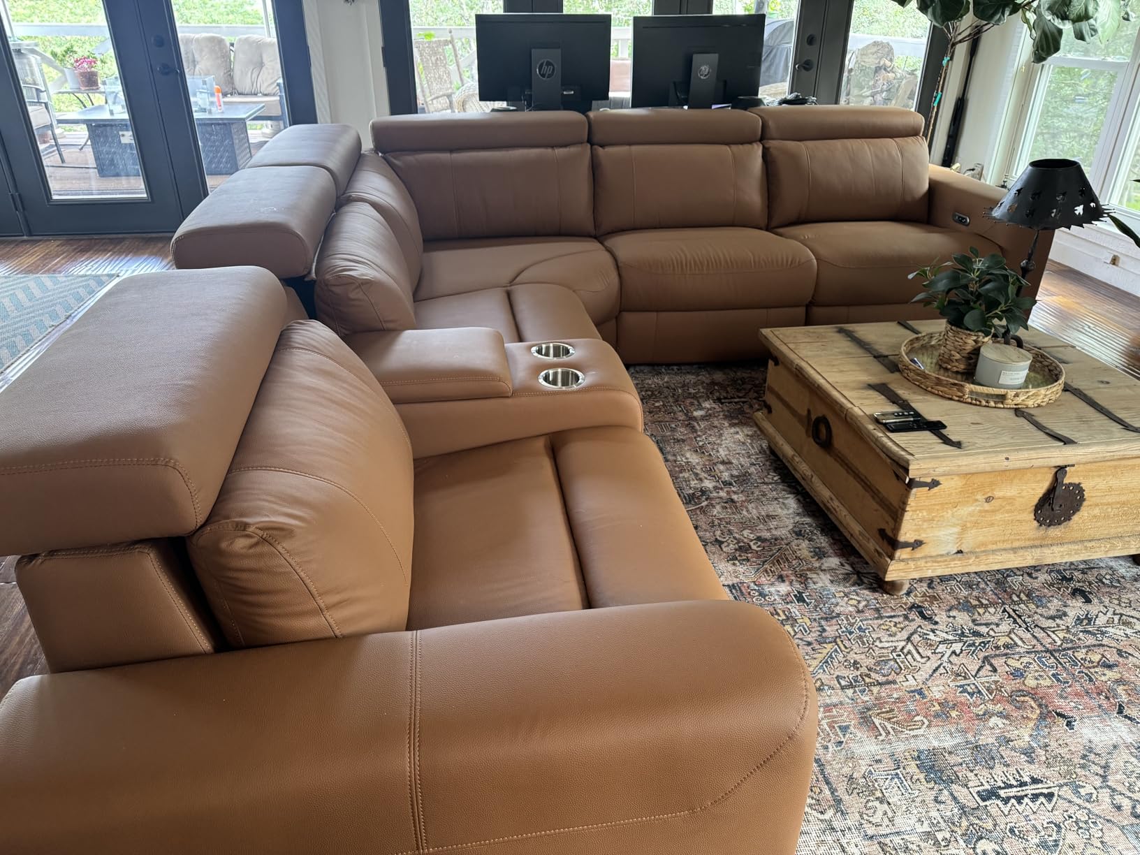 AMERLIFE Power Recliner Sectional Sofa with Storage/USB Port, Leather Recliner Sofa with Adjustable Headrest, Reclining Sectional Couches with Console and Cup Holder for Living Room (Gray, 5-Seater) customer photo 1