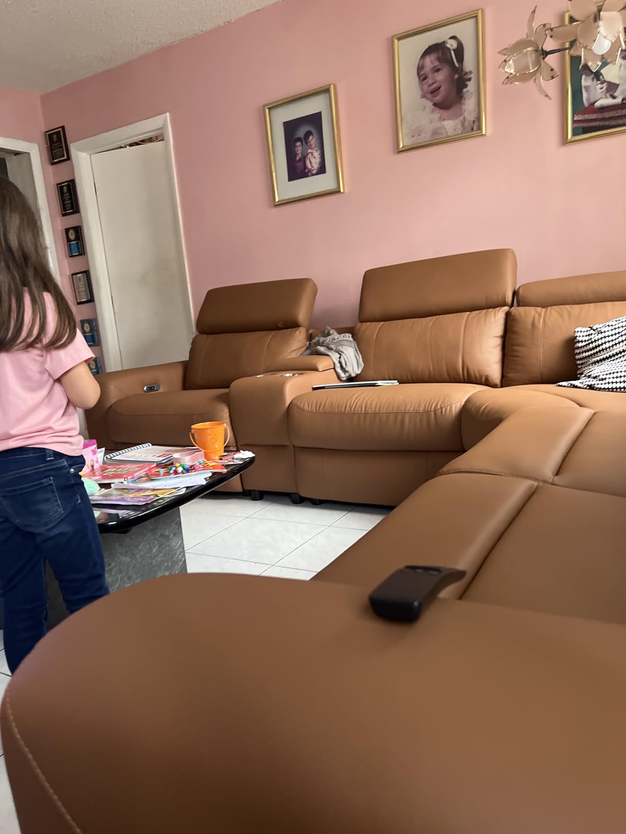 AMERLIFE Power Recliner Sectional Sofa with Storage/USB Port, Leather Recliner Sofa with Adjustable Headrest, Reclining Sectional Couches with Console and Cup Holder for Living Room (Gray, 5-Seater) customer photo 2