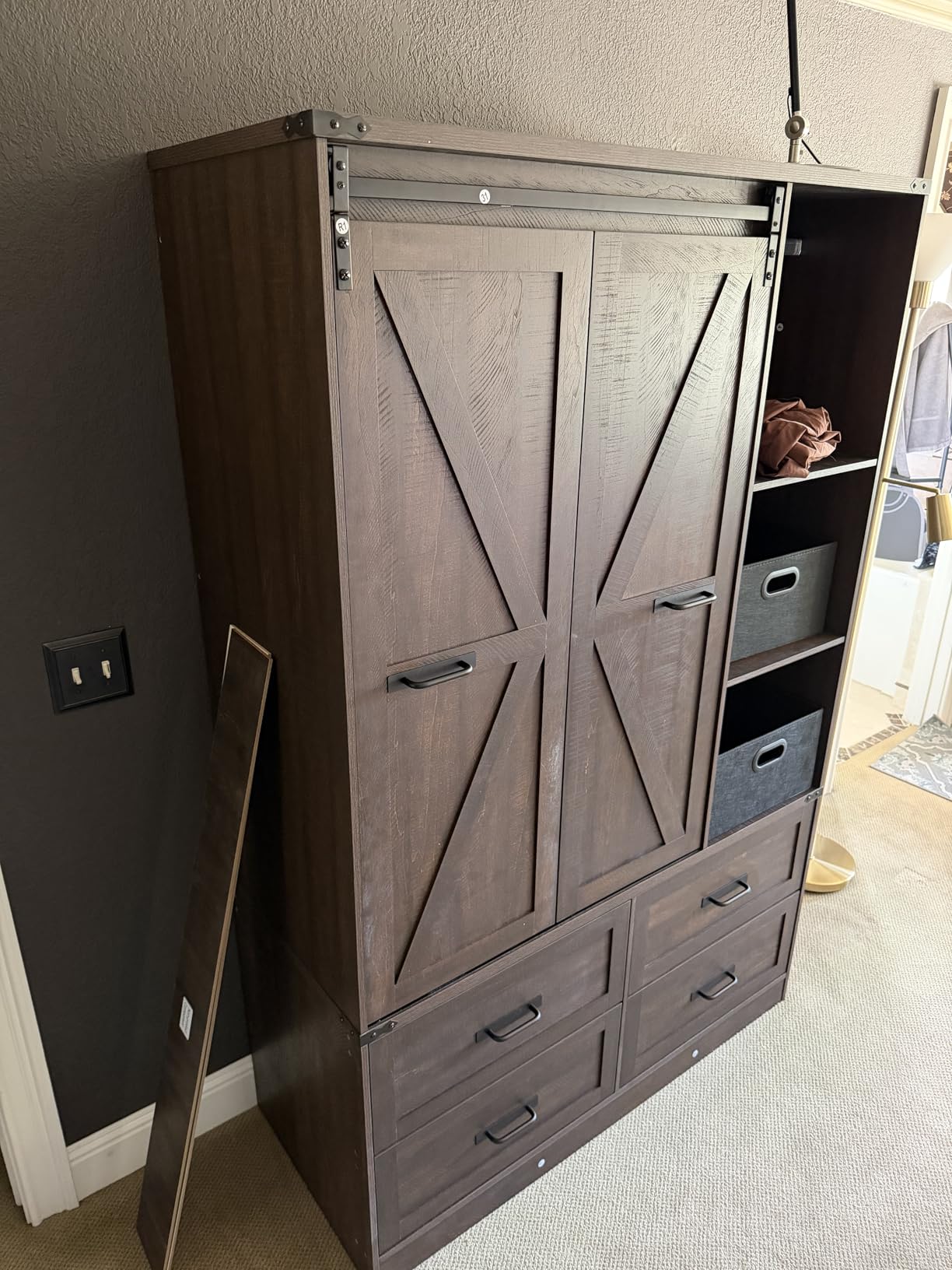 Farmhouse 4 Doors Armoire Wardrobe Closet with Folding Sliding Barn Door and LED Lights, Rustic Brown customer photo 1