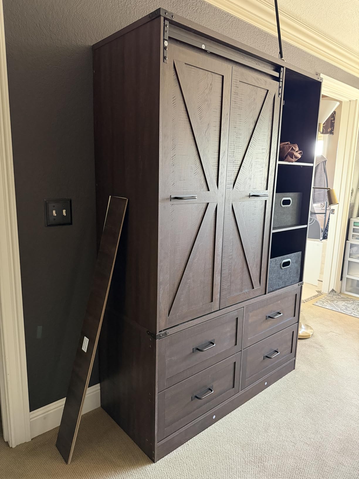 Farmhouse 4 Doors Armoire Wardrobe Closet with Folding Sliding Barn Door and LED Lights, Rustic Brown customer photo 2