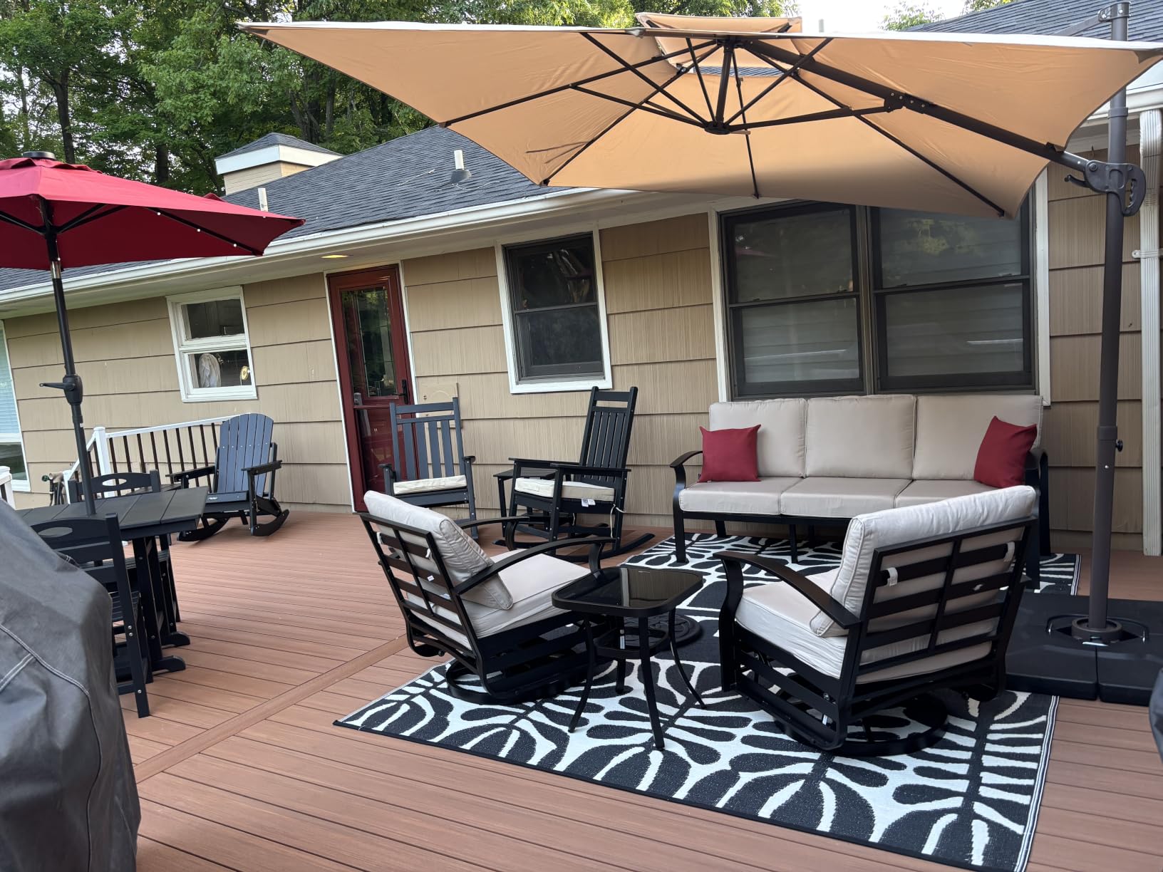 Aluminum Outdoor Patio Furniture Set with 5.1'' Thick Cushions | 5 Pieces Patio Conversation Set with 55,000 BTU Fire Pit Table, 3-Seat Sofa, Swivel Rocking Chairs for Porch, Deck, NavyBlue customer photo 1