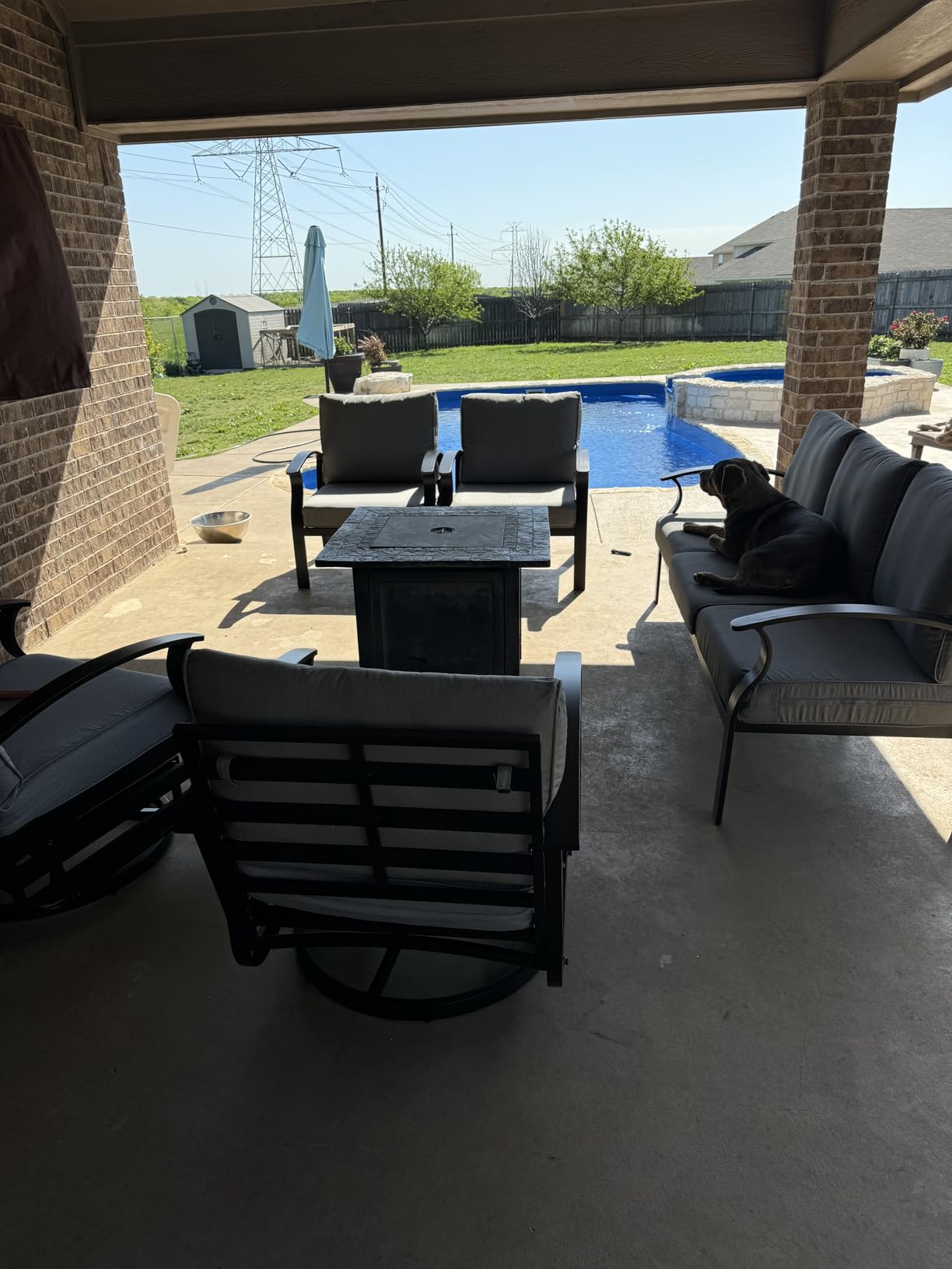 Aluminum Outdoor Patio Furniture Set with 5.1'' Thick Cushions | 5 Pieces Patio Conversation Set with 55,000 BTU Fire Pit Table, 3-Seat Sofa, Swivel Rocking Chairs for Porch, Deck, NavyBlue customer photo 2