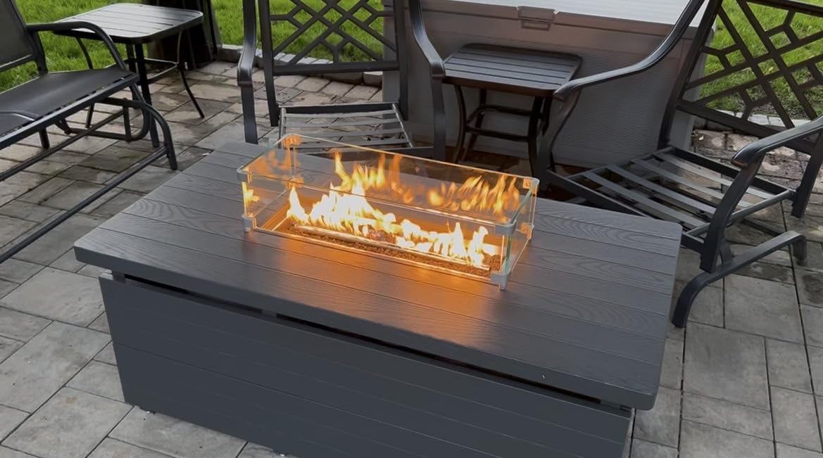 Sundale Outdoor 51 Inch Outdoor Fire Pit Table, 50,000BTU Rectangle Propane Fire Pit with Sliding Tank Holder, Glass Wind Guard, Removable Lid, CSA Certified, Gray customer photo 1