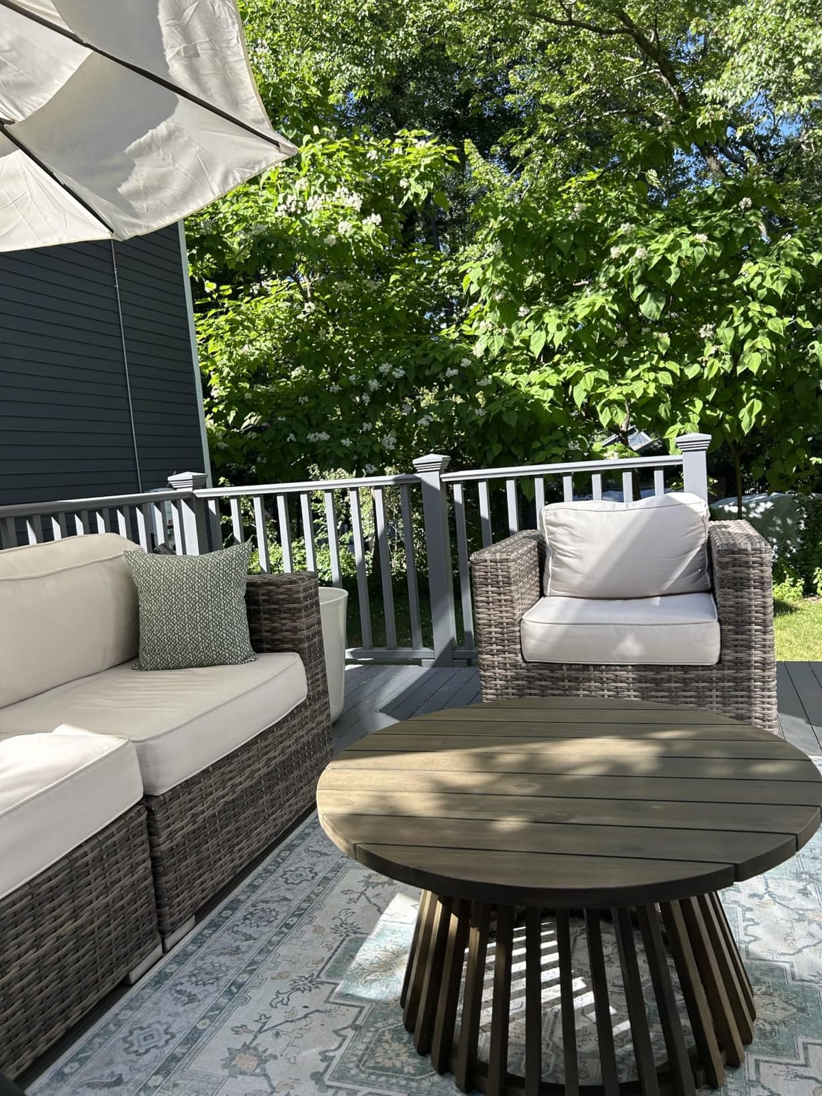 Merax Outdoor 4-Piece Acacia Wood Conversation Set - Patio 3-Seat Loveseat Sofa Daybed with Cushion, 2 Armchair and Round Coffee Table for Backyard, Lawn, Balcony, Teak + Beige customer photo 1