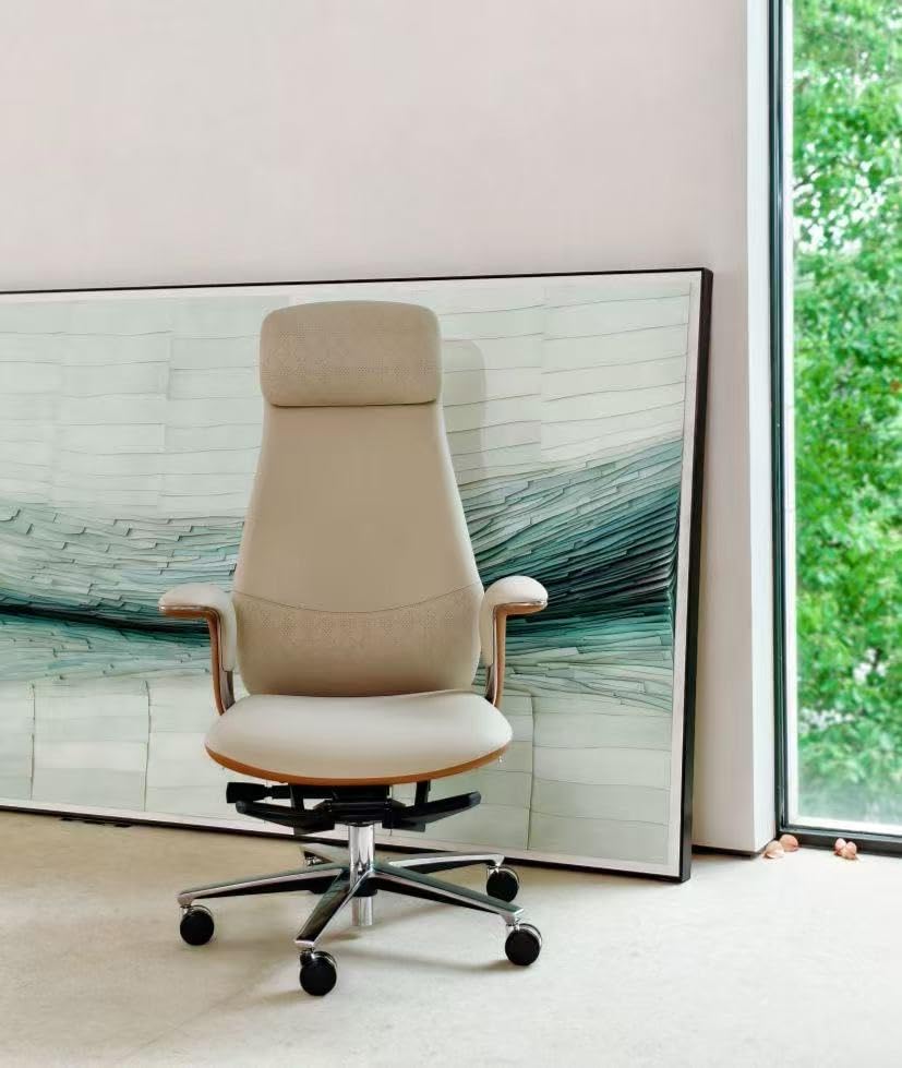 TOMU Executive Office Chair with Foot Rest, Top Grain Genuine Leather Office Chair, Ergonomic High Back Design. Real Leather, Wheels, Alumium Base. Padded Armrest, Luxury and Comfy (Beige) customer photo 2