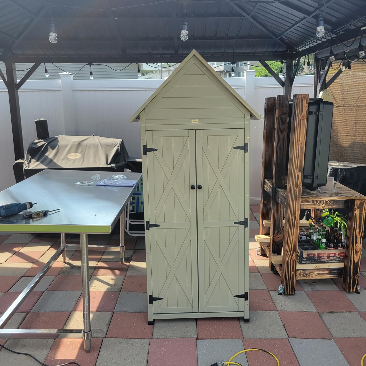 Outdoor Storage Shed with Floor & Adjustable Shelves, Wooden Garden Tool Cabinet Weatherproof, 71