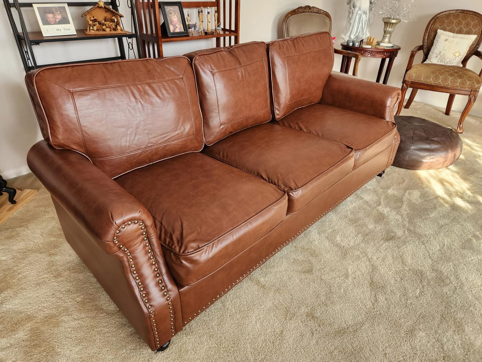 Kingfun Mid-Century Modern Couch, Faux Leather Sofa, 3 Seater Couch for Living Room with Rolled arms & Nailhead Trim, Dark Brown customer photo 2