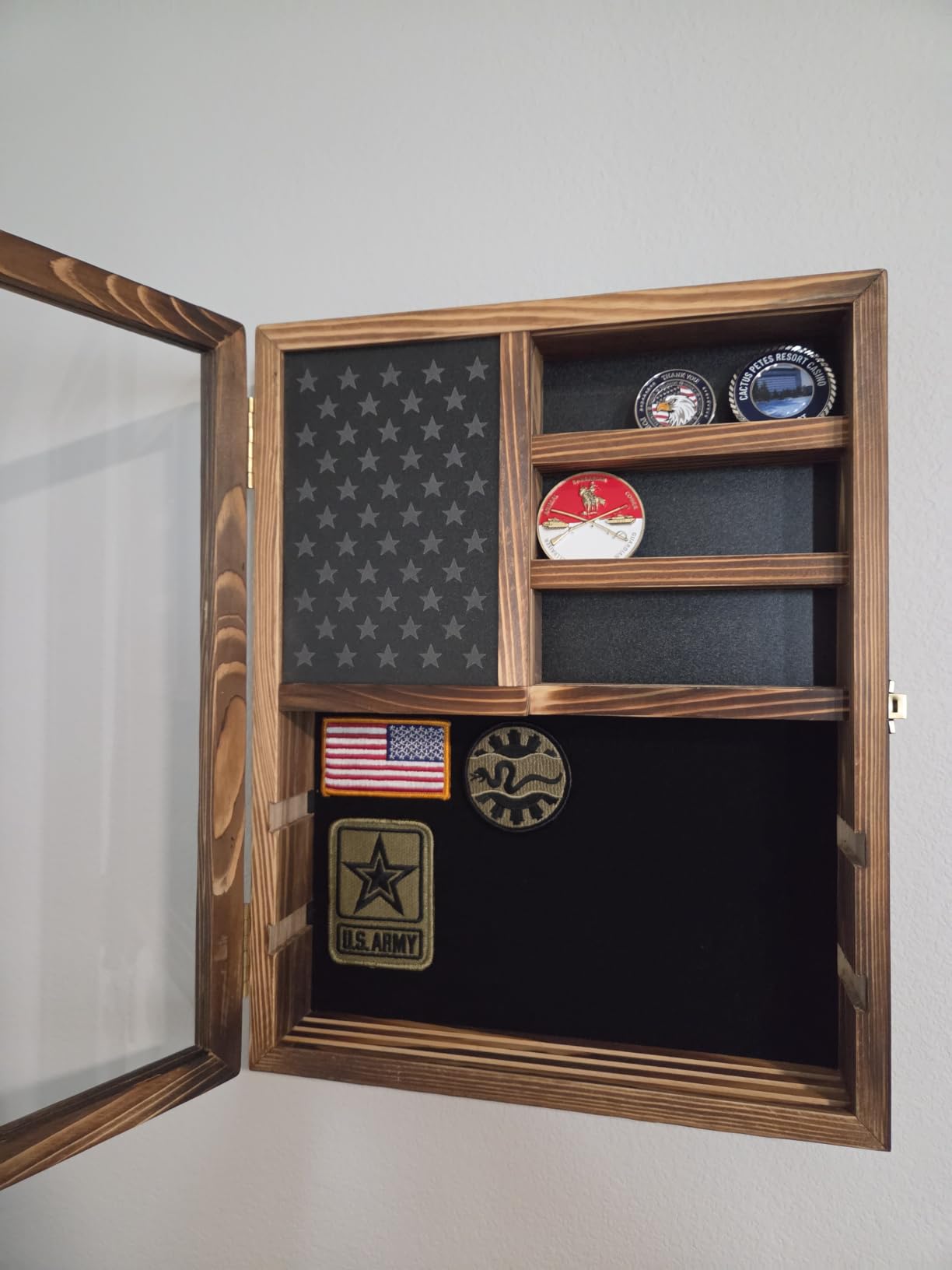 Challenge Coin Display Case, Removable Star Board, Large | 27.6 x 18.1 Lockable Wall Mount Military Coin Holder with HD Tempered Glass Door for Medals, Pins, Solid Wood Shadow Box customer photo 2
