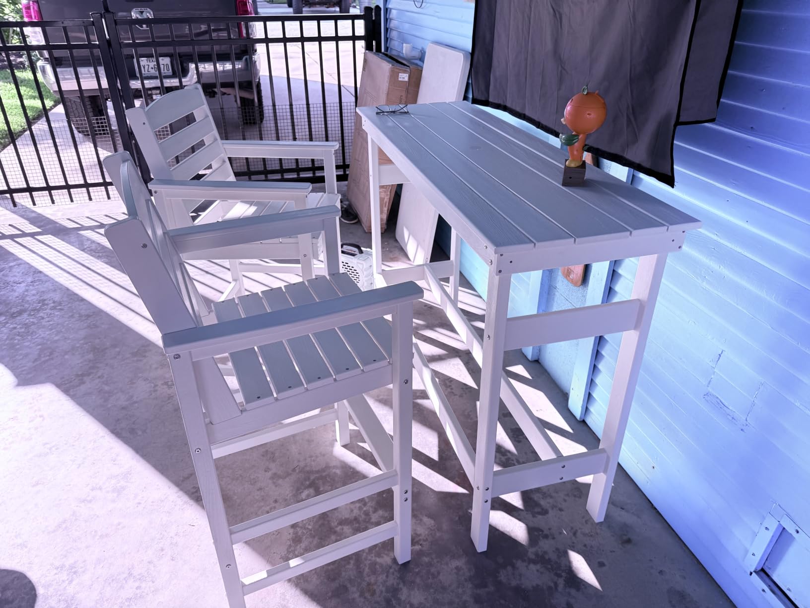 SERWALL Outdoor Bar Set, 2 Adirondack Bar Chairs & Bar Height Table, Grey - with 1.6