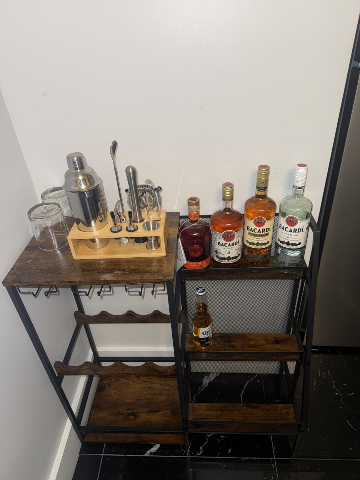 Hayexiha 4-Tier Stepped Freestanding Wine Rack, Large Capacity Liquor Cabinet with Anti-Fall Guardrails and Rounded Corners, Bottle Display Shelf & Mini Bar for Living Room, Home Bar, Kitchen Corner customer photo 1