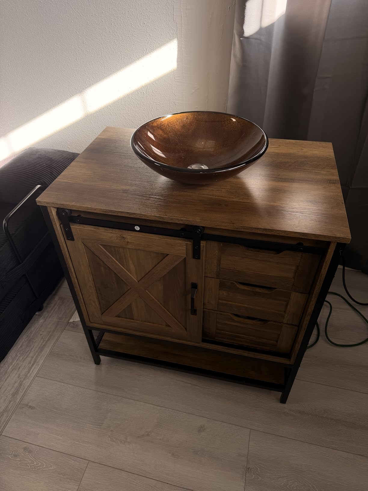 Concho 30'' Farmhouse Bathroom Vanity with Vessel Sink, Bathroom Sink Storage Cabinet with LED Light & Sliding Barn Door, Bathroom Vanity Cabinet, Adjustable Shelf, Side Hooks, Rustic Brown customer photo 1