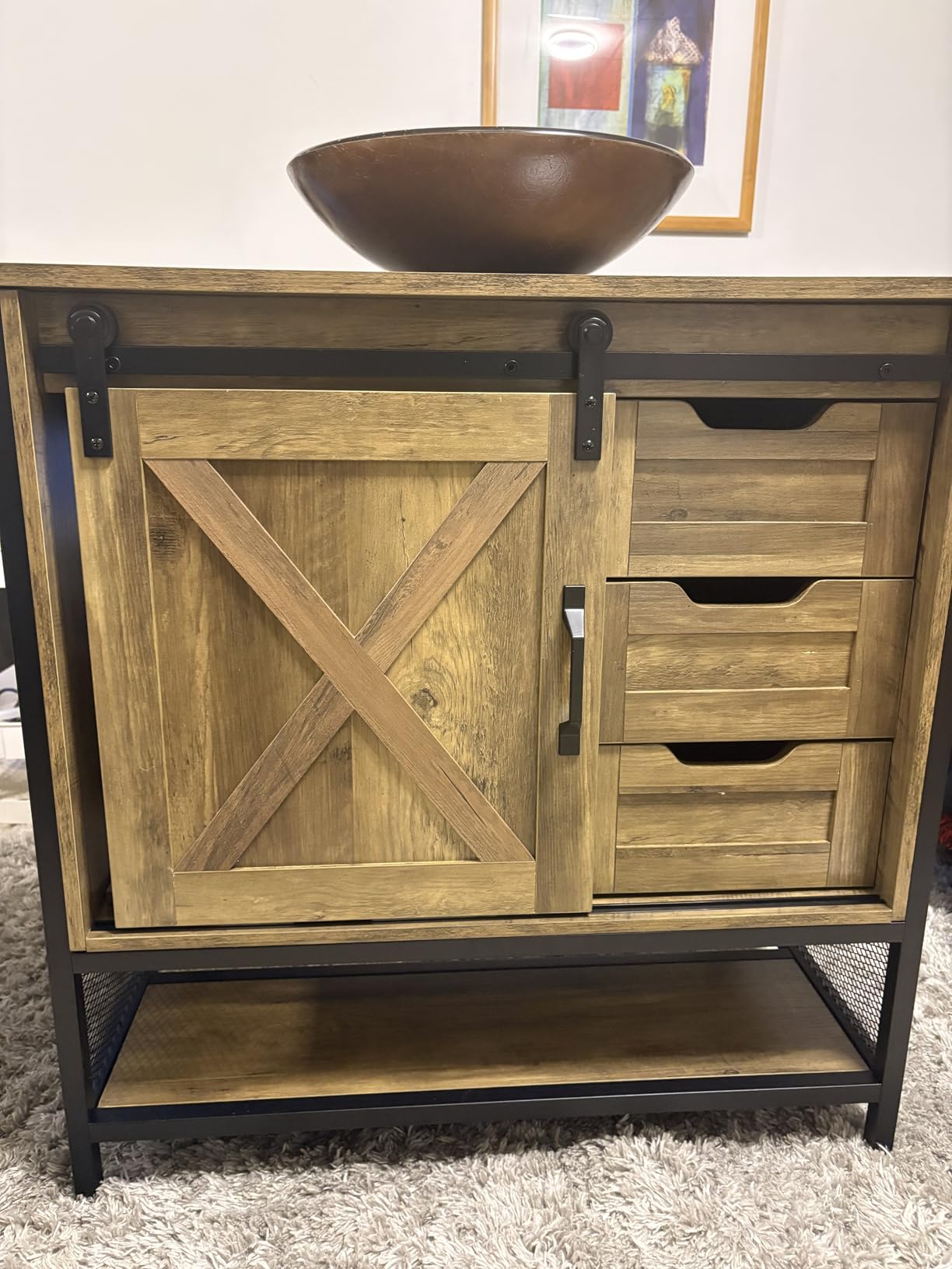 Concho 30'' Farmhouse Bathroom Vanity with Vessel Sink, Bathroom Sink Storage Cabinet with LED Light & Sliding Barn Door, Bathroom Vanity Cabinet, Adjustable Shelf, Side Hooks, Rustic Brown customer photo 2
