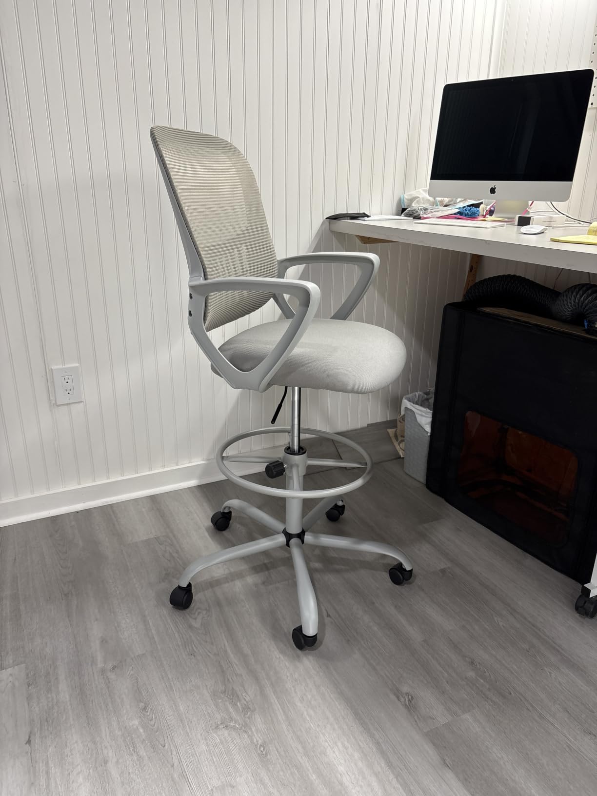 Sweetcrispy Tall Drafting Chair, High Office Desk Chair with Footrest, Comfy Lumbar Support, Counter Height Adjustable, Fixed Arms, 360° Computer Rolling Stool, Grey customer photo 1