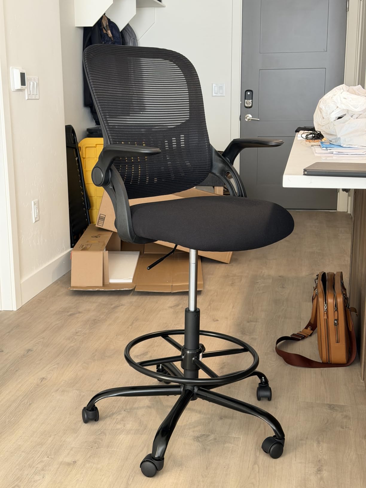 Sweetcrispy Tall Drafting Chair, High Office Desk Chair with Footrest, Comfy Lumbar Support, Counter Height Adjustable, Fixed Arms, 360° Computer Rolling Stool, Grey customer photo 2
