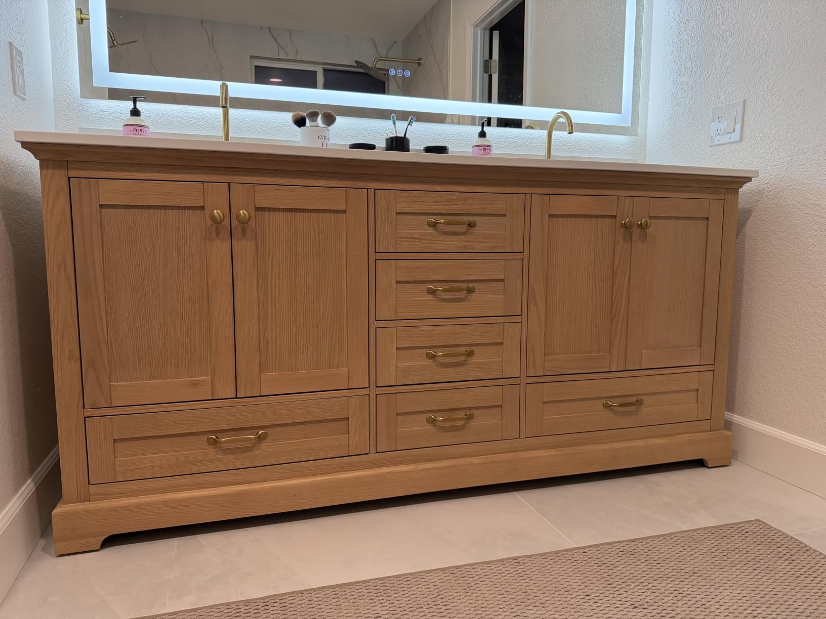 WELLFOR 80-Inch Bathroom Vanity with Double Sinks, Bathroom Freestanding Vanity W/4 Soft-Close Doors and 6 Drawers, Oak Vanity W/Brushed Gold Handles customer photo 2
