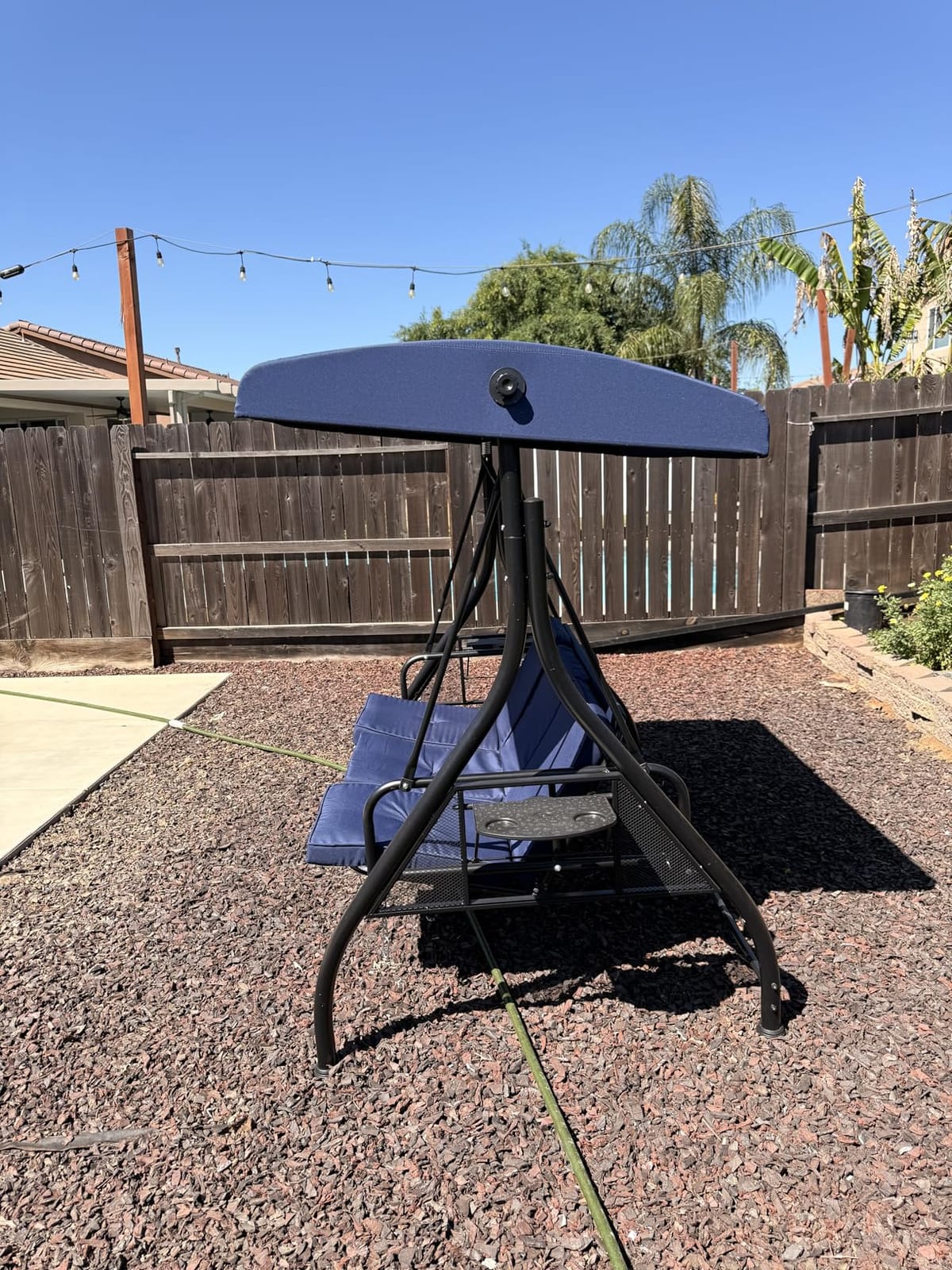 Aoxun Outdoor Porch Swing with Stand and Canopy, 3 Seats Outdoor Swings for Adults, Convertible 2 in 1 Swing Bed with Cup Holder, Patio Swings with Thicken Cushions for Garden, Yard & Balcony, Blue customer photo 1