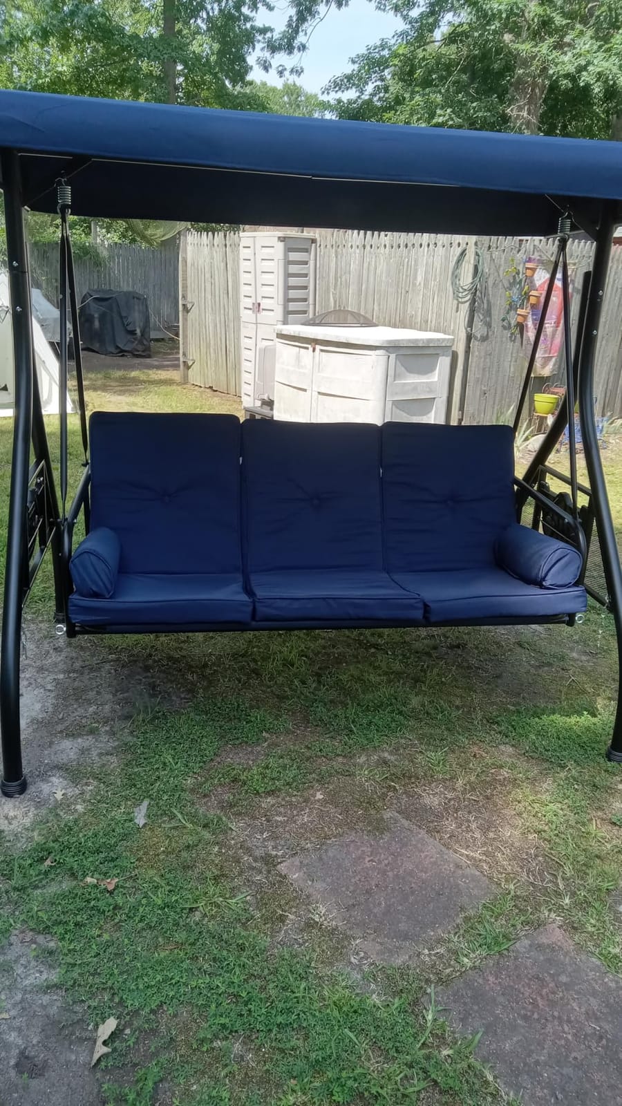 Aoxun Outdoor Porch Swing with Stand and Canopy, 3 Seats Outdoor Swings for Adults, Convertible 2 in 1 Swing Bed with Cup Holder, Patio Swings with Thicken Cushions for Garden, Yard & Balcony, Blue customer photo 2
