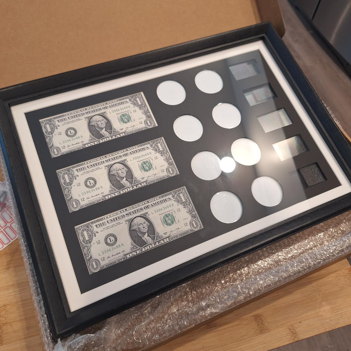 3-in-1 Coin Bullion Currency Display Frame UV Protection Shadow Box | Wood shadow box holds 8 coins, 5 bullion bars & 3 dollar bills; 98% UV glass, wall & tabletop for coin collectors customer photo 2