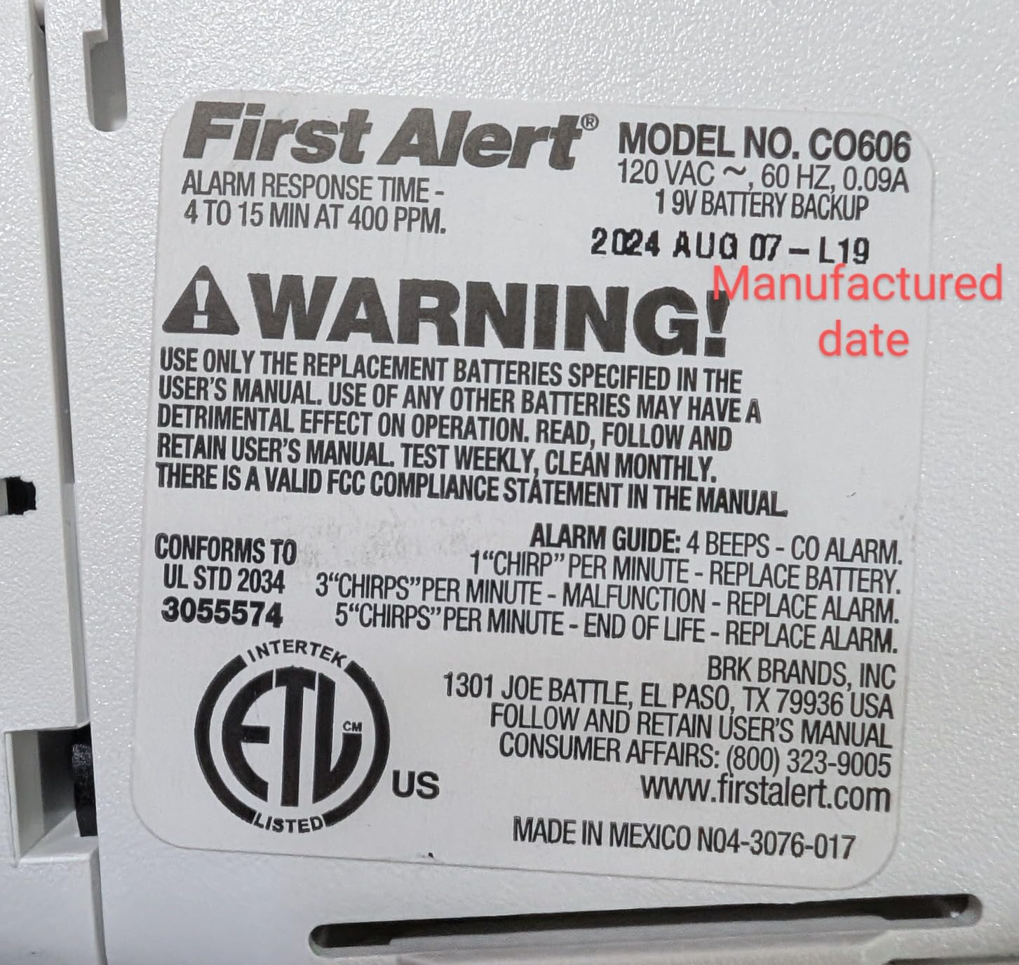 FIRST ALERT CO605 Plug-in Carbon Monoxide Detector with Battery Backup, White customer photo 2
