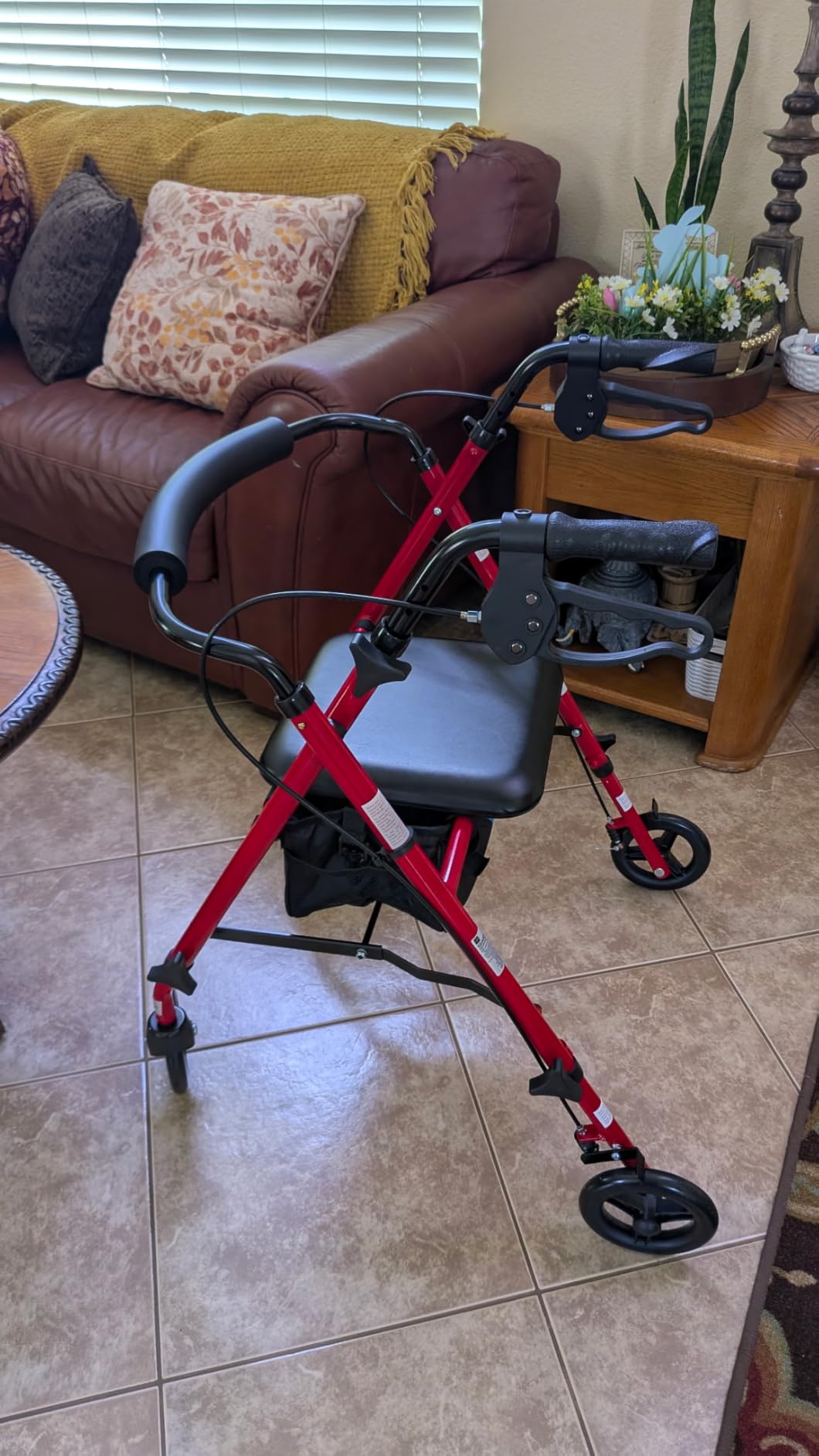 Medline Freedom Mobility Lightweight Folding Aluminum Rollator Walker with 6-inch Wheels, Adjustable Seat and Arms, Burgundy customer photo 2