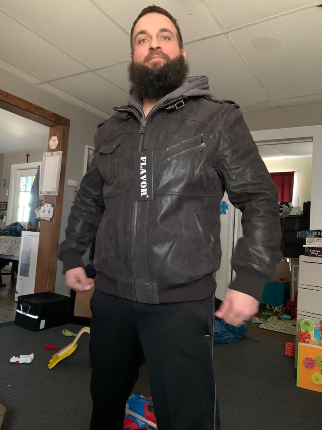 FLAVOR Men Brown Leather Motorcycle Jacket with Removable Hood customer photo 1