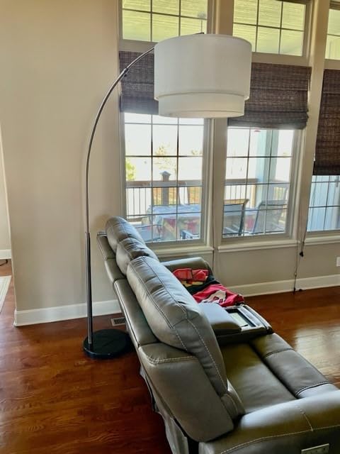 Brightech Mason Arc Floor Lamp - Modern Corner Standing Lamp with Unique Hanging Drum Lamp Shade for Living Room - Bright Overhead, Curved Hanging Light for Bedroom. Library, Den - Bronze customer photo 1