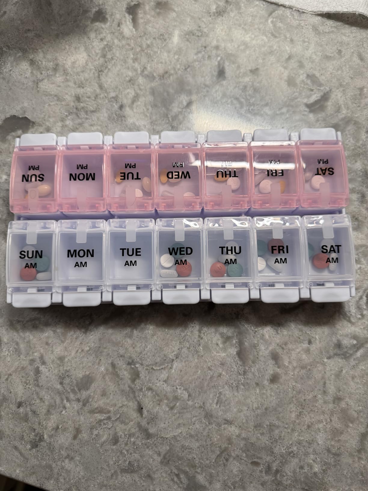 Sukuos AM PM Weekly Pill Organizer 2 Times A Day, Large Daily Pill Box Case 7 Day with Easy Push Button Design, Detachable Medicine Holder for Vitamin/Fish Oil/Supplements (Rainbow) customer photo 1