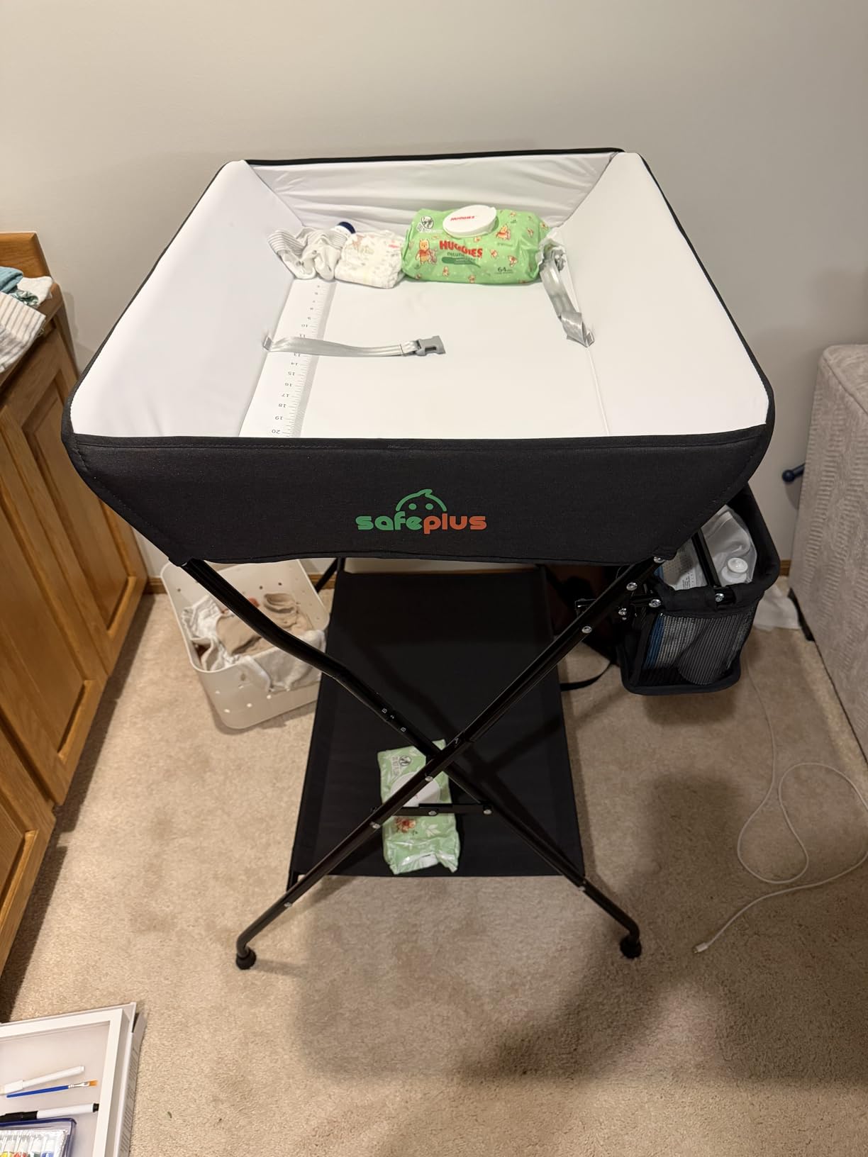 Costzon Changing Table, Portable Baby Changing Table Foldable Diaper Changing Station with Safety Belt, Large Storage Rack & Shelf, Nursery Organizer for Newborn Infant (Dark Gray) customer photo 2