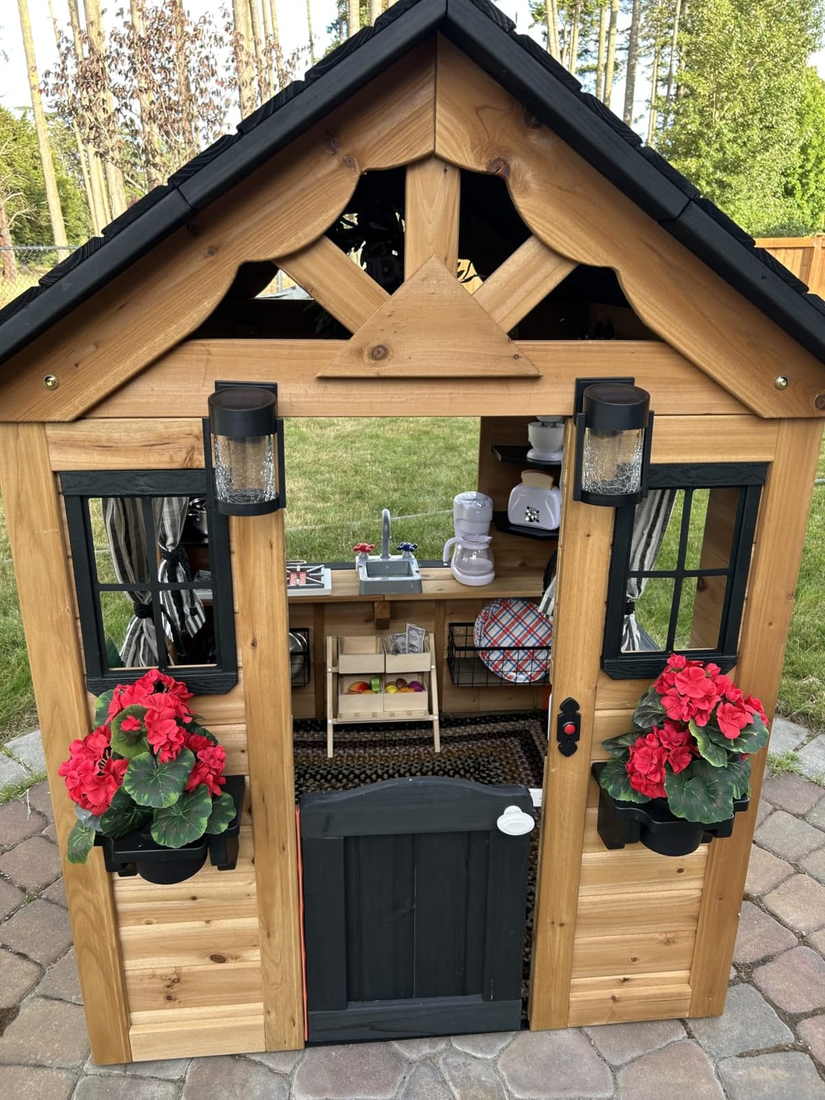 Backyard Discovery Sweetwater Cedar Wooden Kids Playhouse Cottage with Play Kitchen, Snack Bar, Half Door, Toy Phone, Windows, Flowerpot Holders, and Working Doorbell for Outdoor Imaginative Play customer photo 1