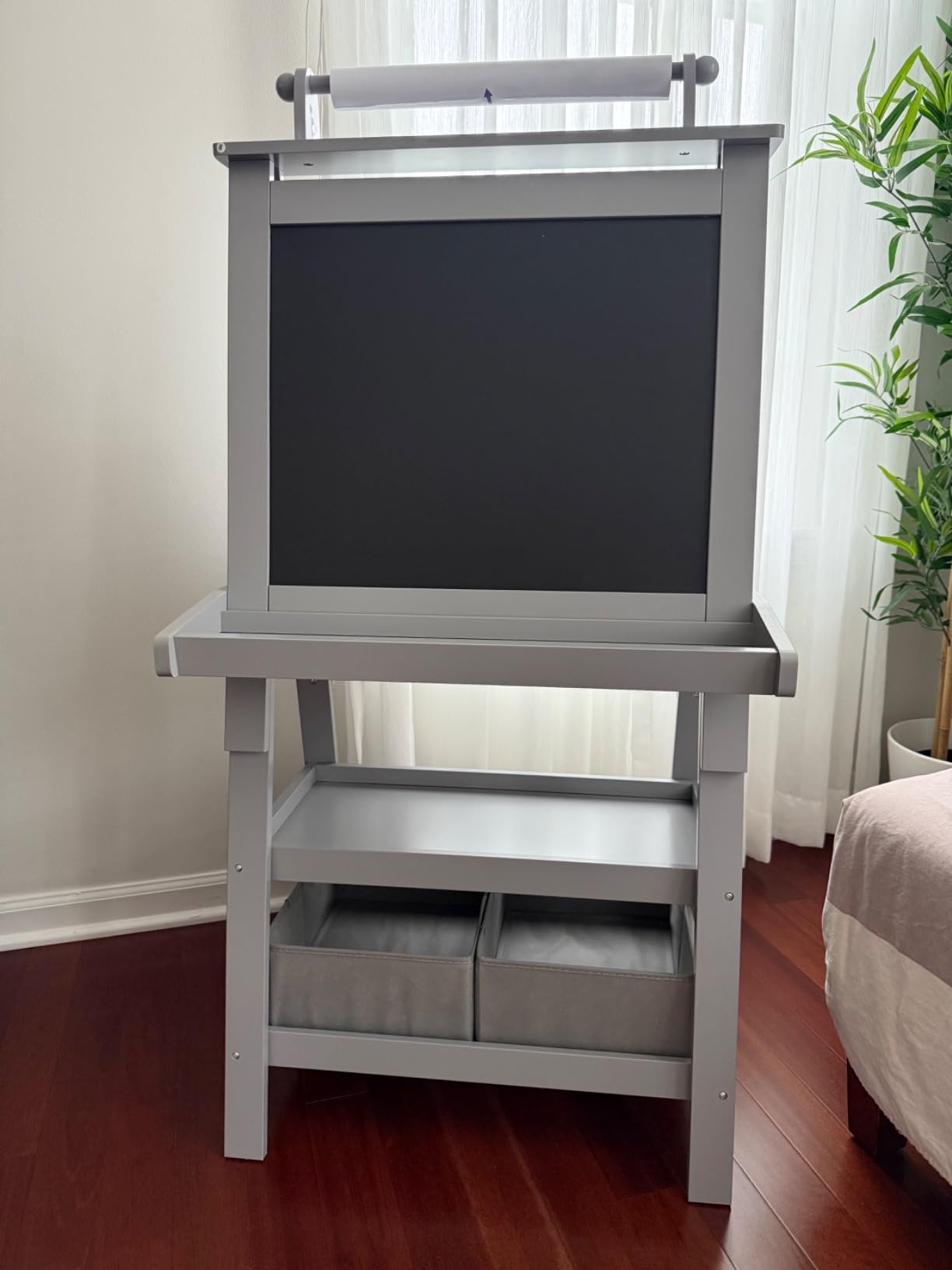 Costzon Kids Art Easel, 3 in 1 Double-Sided Wooden Easel w/Magnetic Whiteboard, Chalkboard & Paper Roll, 2-Tier Rack w/ 2 Storage Boxes, Standing Easel for Kids, Toddlers, Boys, Girls (Grey) customer photo 1