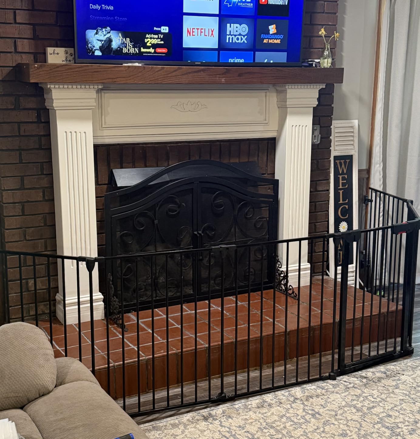 Costzon Baby Safety Gate, 121 Inch Length 5 Panel Adjustable Wide Fireplace Fence, BBQ Metal Fire Screen Gate, Pet Isolation Fence with Walk-Through Door, Freestanding Pets Gate customer photo 2