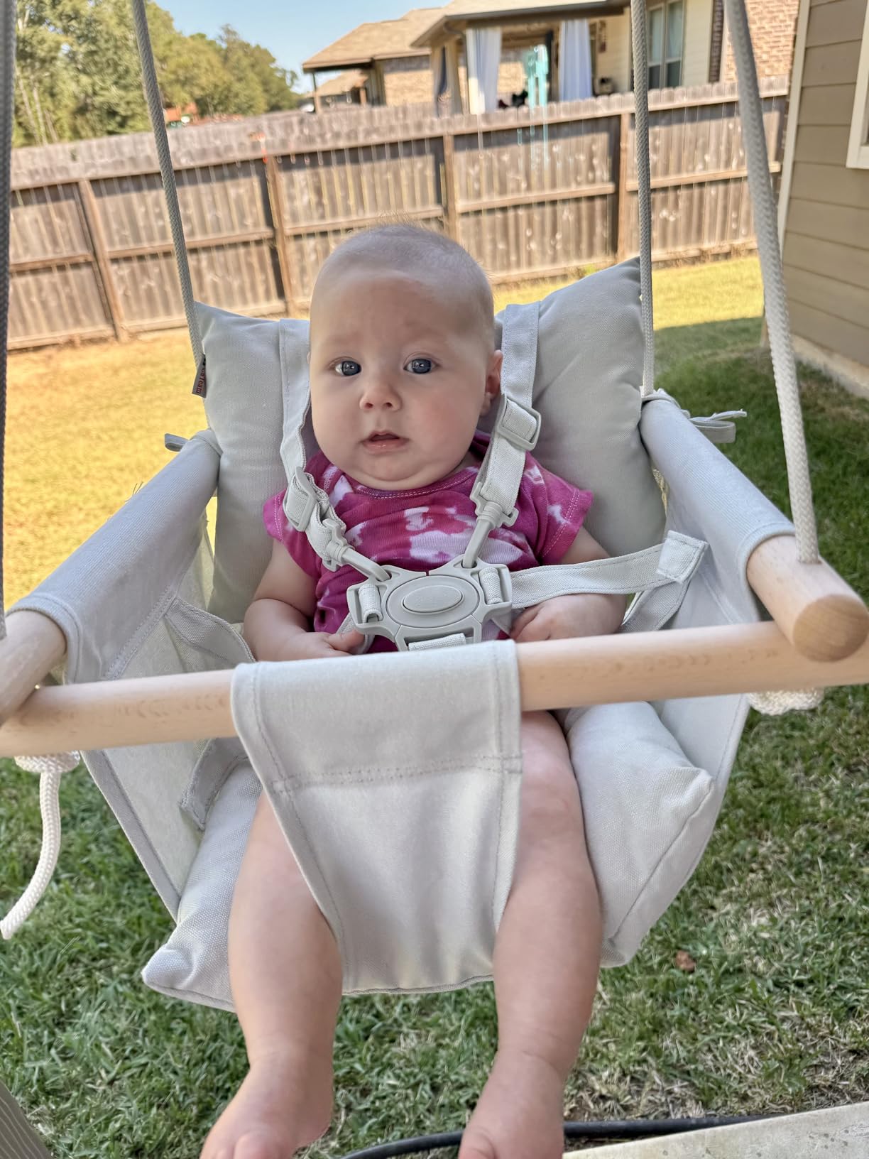 CaTeam Canvas Baby Swing Seat with 5-Point Safety Belt — Wooden Hanging Toddler Swing, Indoor & Outdoor, Ages 1-4, Ceiling Mount Hardware Included, Gray customer photo 1