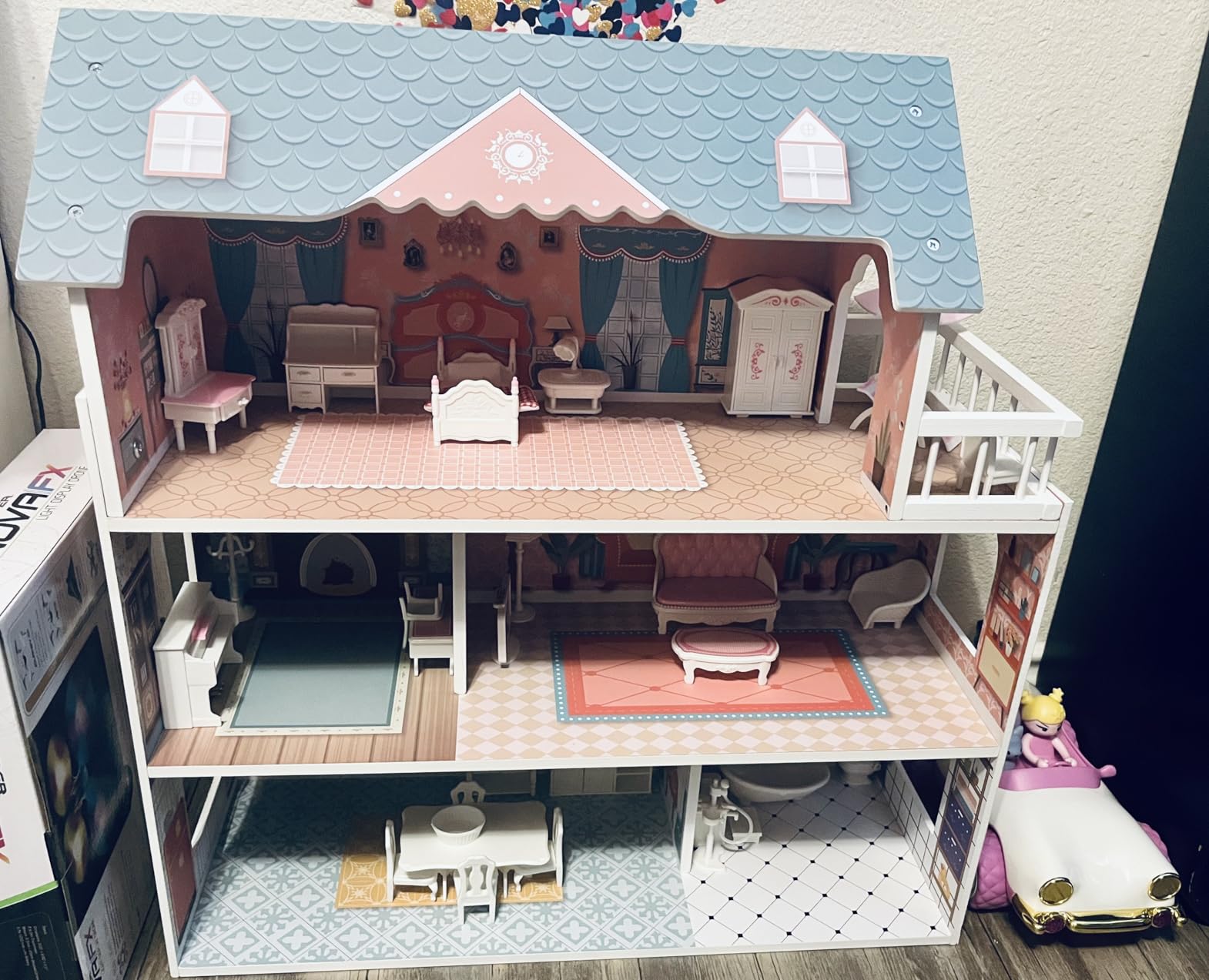 ROBUD Wooden Dollhouse with Furniture Blue for Girls 3-6 customer photo 1