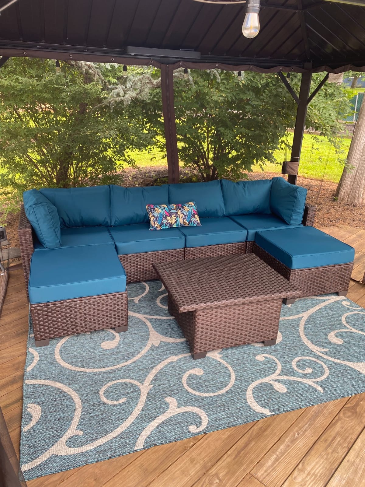 WAROOM Outdoor Patio Furniture Set 7 Pieces Wicker Sectional Sofa Brown Rattan Conversation Couch with Coffee Table, Anti-Slip Thick Nave Blue Cushion customer photo 1