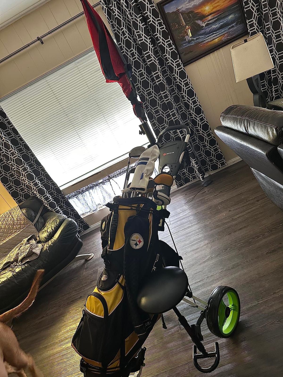 Tangkula Golf Push Pull Cart with Seat, Lightweight Foldable Collapsible 3 Wheels Push Cart, Golf Trolley with Foot Brake, Adjustable Umbrella Holder & Seat, 4 Height Position Handle customer photo 2