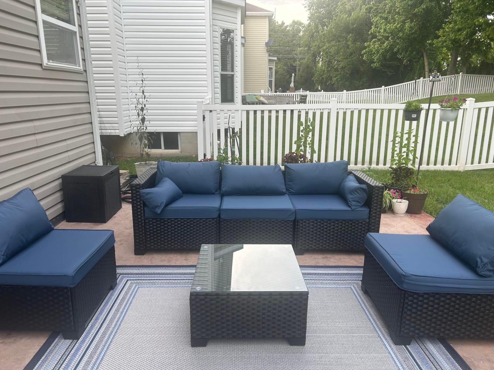 Lviden 7 Pieces Outdoor PE Wicker Furniture Set Patio Rattan Sectional Conversation Sofa Set with Navy Blue Cushions and Glass Top Table customer photo 1