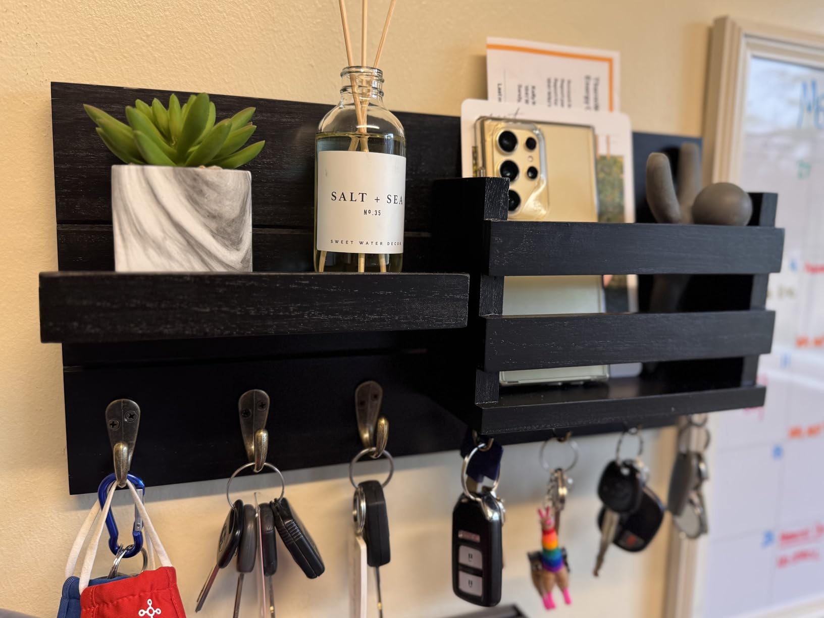 Lwenki Mail Organizer for Wall Mount – Key Holder with Shelf Includes Letter Holder and Hooks for Coats, Dog Leashes – Rustic Wood with Flush Mounting Hardware (16.5” x 8.7” x 3.5”) customer photo 1