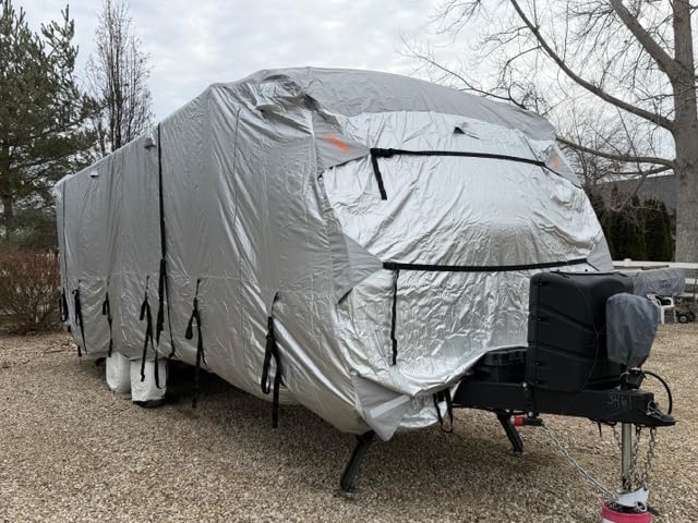 FRUNO Oxford Fabric Travel Trailer Cover RV Cover 24'-27' Waterproof Rip-Resistant Anti-UV Camper Cover for Winter Snow with Jack Cover 4 Tire Covers and Gutter Covers customer photo 1