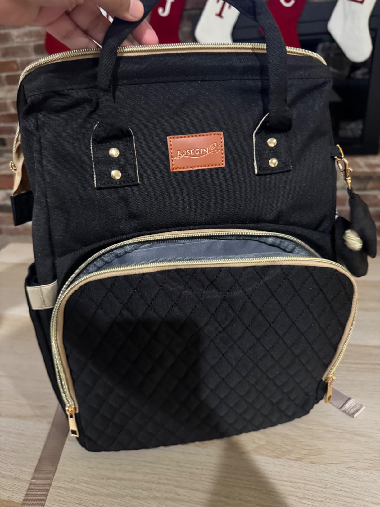 ROSEGIN Diaper Bag Backpack with Changing Pad Pacifier Case, Baby Bag for Boy Girl Toddler - Large,Stylish, Waterproof Travel Quilted Diaper Bag for Mom - Baby Shower Gifts, Black customer photo 1