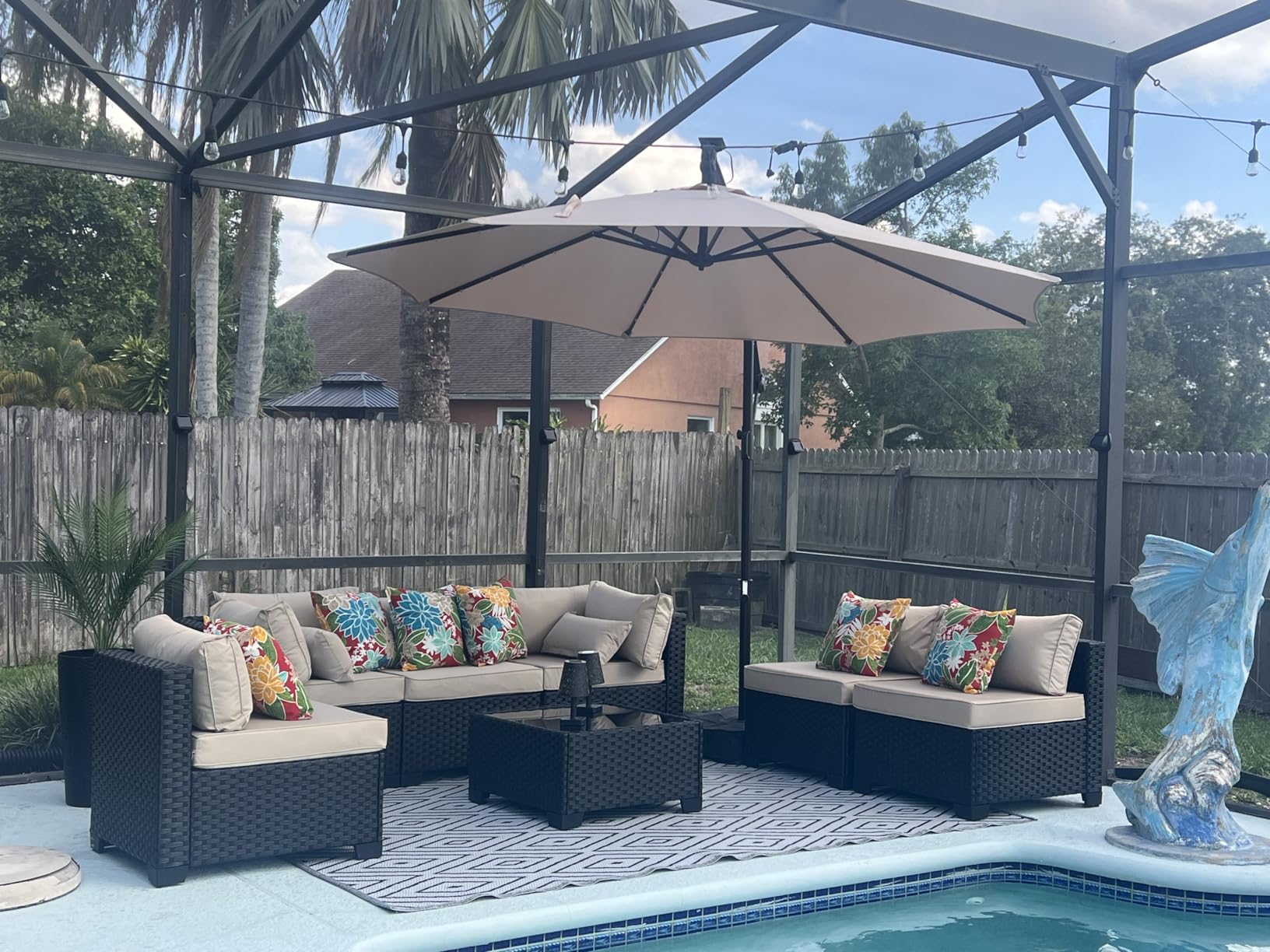 Valita 7 Pieces Outdoor Wicker Furniture Conversation Set Patio Sectional Sofa Set Glass Table with Non-Slip Cushions Furniture Cover, Dark Blue customer photo 2