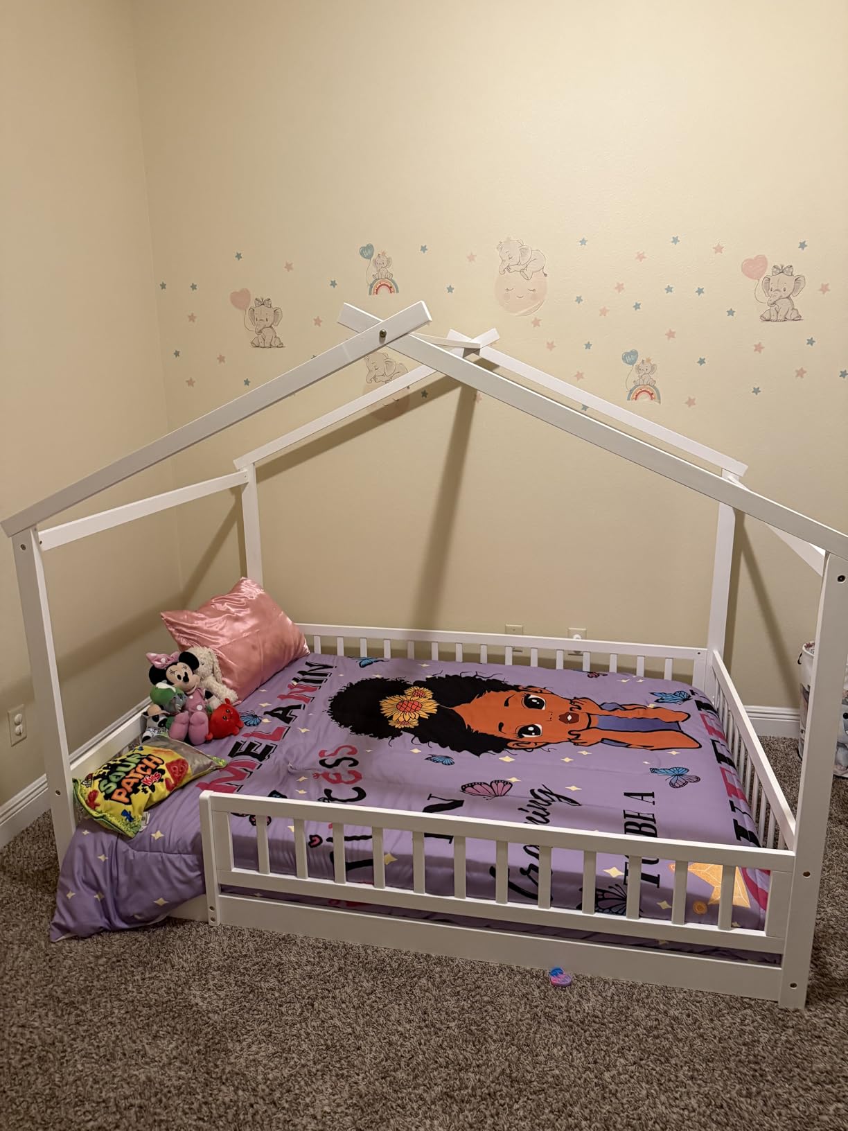 LLS Full Size House Bed with Fence, Wooden Montessori Bed with Slats Support, Floor Bed Frame for Boys Girls Bedroom, Natural customer photo 1