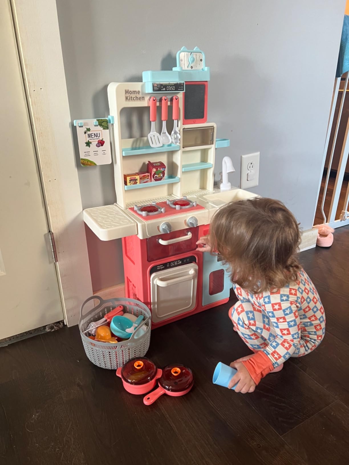 HOLYFUN Kids Kitchen Playset, Kitchen Set for Toddler with Sound and Light, Cooking Stove with Steam, Play Sink and Toy Kitchen Accessories, Pretend Kitchen Toys for Kids Girls Boys, Pink customer photo 1