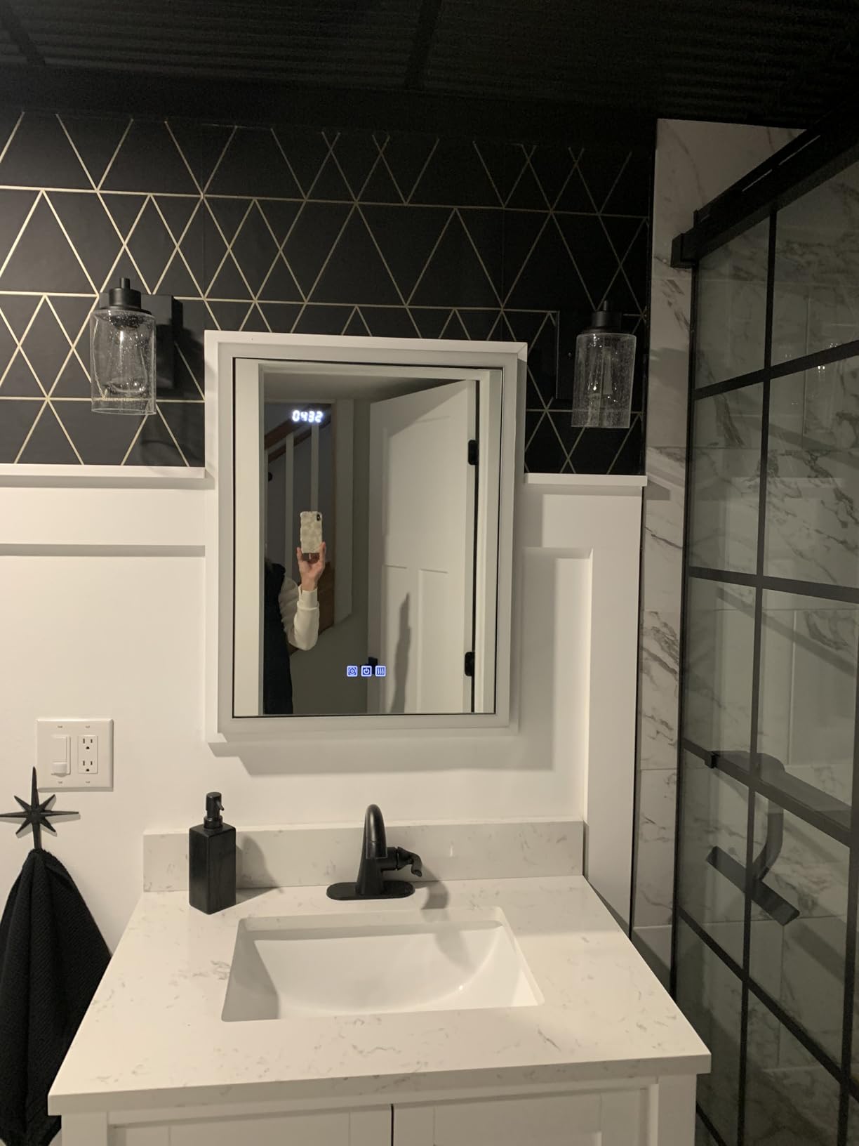 LED Medicine Cabinet with Mirror, 24x32 Surface or Recessed Lighted Medicine Cabinet with Mirror, Dimmable Fogless Aluminum Medicine Cabinet with Outlet, Time Display& Built-in Sensing Light customer photo 1